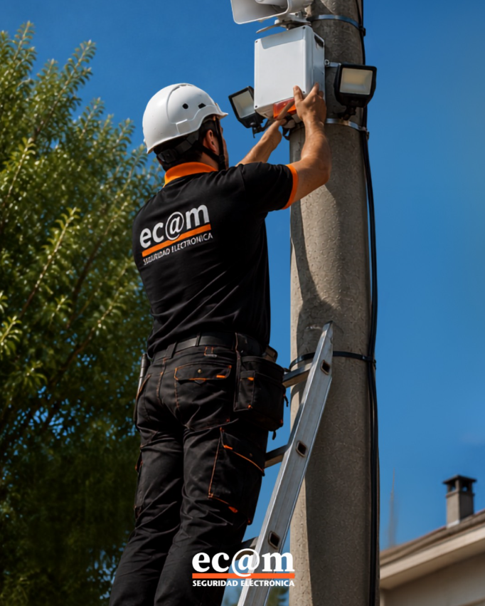 Técnico de ECAM trabajando en un sistema instalado en un poste